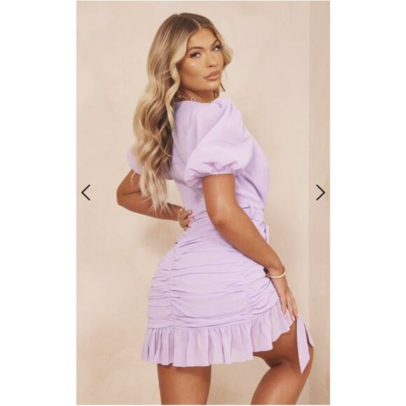 NWT PrettyLittleThing Lilac Puff Sleeve Wrap Mini Dress Size 4 Ruffle Hem - Picture 2 of 6